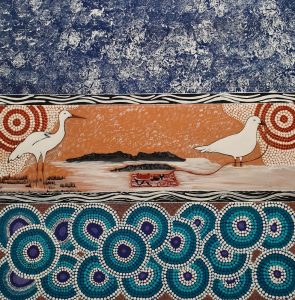 Seagull and Crane - a traditional Lardil story from Mornington Island by Joelene Roughsey, 2020 - Queensland Regional Art Awards Entry, 2020